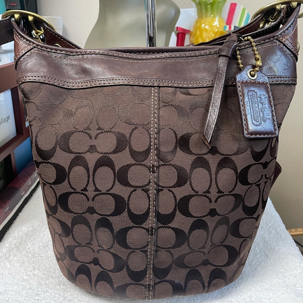 Genuine Coach Brown  Duffle Shoulder Bag iconic Signature fabric